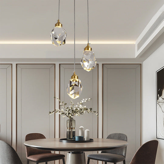 Clear Crystal Led Pendant Light For Dining Room - Elegant Stone Shape Design