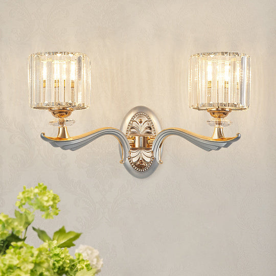 Modern Silver Cylinder Sconce With Clear Crystal Shade - Flush Mount Wall Light