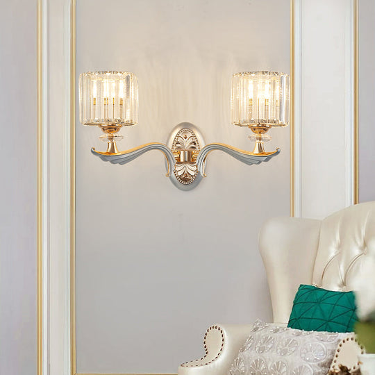 Modern Silver Cylinder Sconce With Clear Crystal Shade - Flush Mount Wall Light