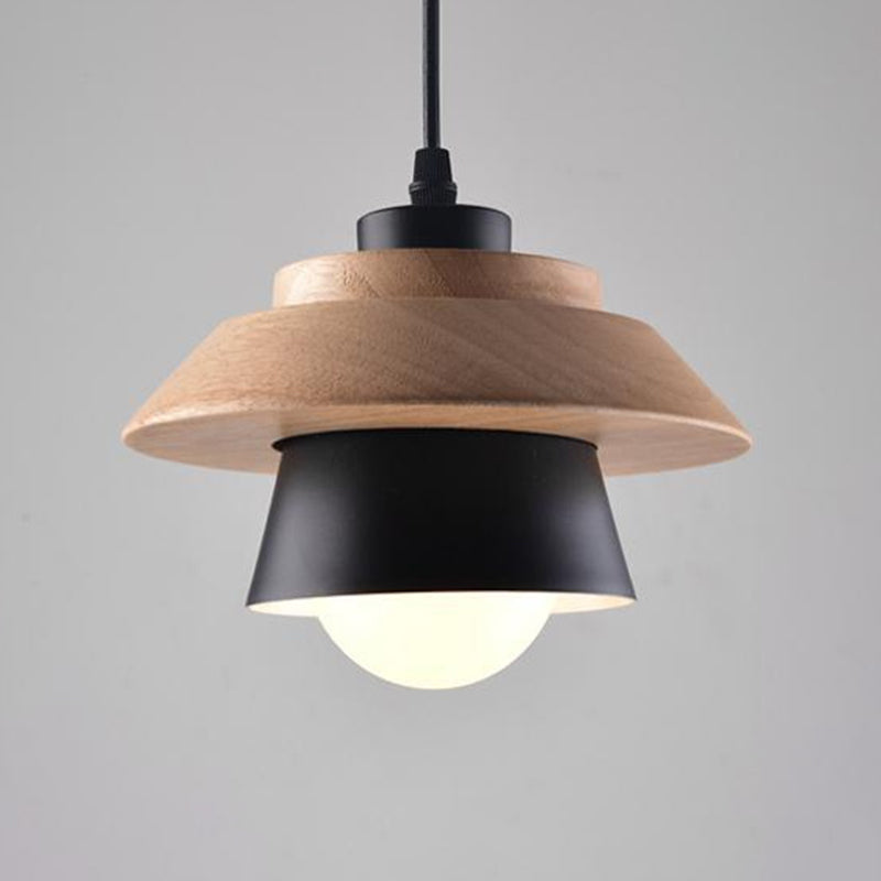 Nordic Saucer Dining Room Lamp - Metal And Wood Pendant Light Black