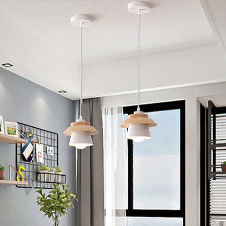 Nordic Saucer Dining Room Lamp - Metal And Wood Pendant Light