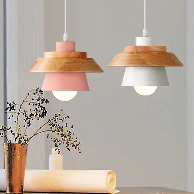 Nordic Saucer Dining Room Lamp - Metal And Wood Pendant Light