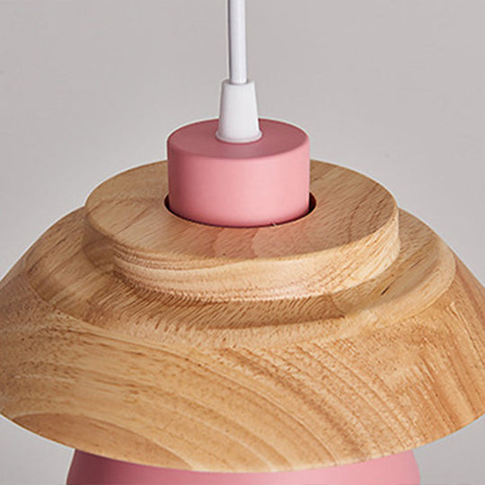 Nordic Saucer Dining Room Lamp - Metal And Wood Pendant Light