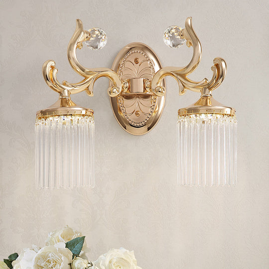 Vintage Crystal Wall Light With Gold Curved Arm & 1/2 Bulbs For Clear Pipe Lighting 2 /