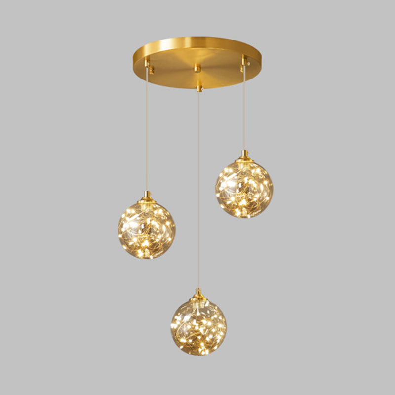 Amber Glass Led Pendant Lamp With Brass Finish - Nordic Style Lighting For Bedroom 3 /