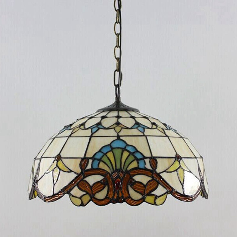 Tiffany 1-Light Beige Stained Glass Dome Pendant – Elegant Suspension Lighting For Dining Room