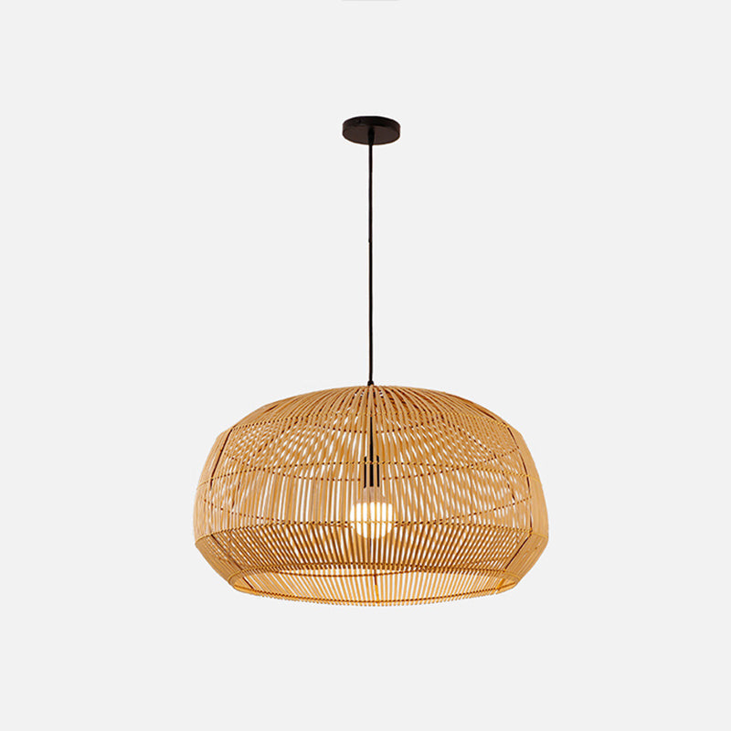 Asian Style Round Pendant Light: 1-Bulb Wood Suspension Fixture For Balcony / 12
