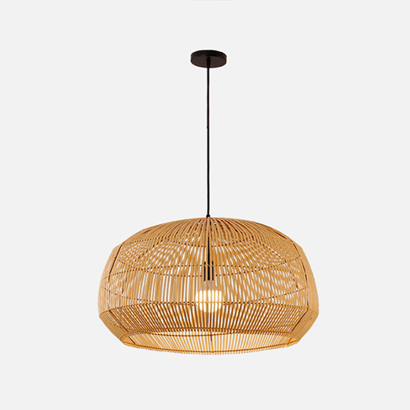 Asian Style Round Pendant Light: 1-Bulb Wood Suspension Fixture For Balcony / 16
