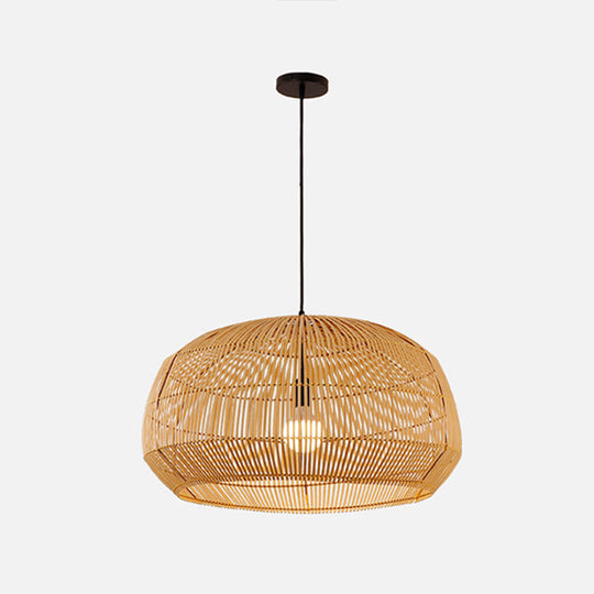 Asian Style Round Pendant Light: 1-Bulb Wood Suspension Fixture For Balcony / 16