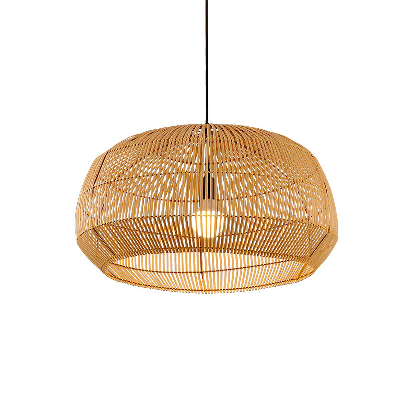 Asian Style Round Pendant Light: 1-Bulb Wood Suspension Fixture For Balcony
