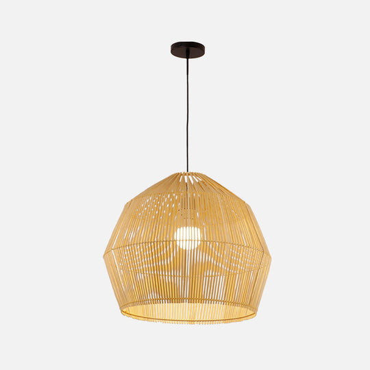 Asian Style Round Pendant Light: 1-Bulb Wood Suspension Fixture For Balcony / 16.5