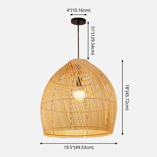 Asian Style Round Pendant Light: 1-Bulb Wood Suspension Fixture For Balcony