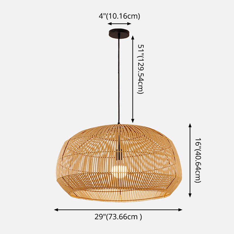 Asian Style Round Pendant Light: 1-Bulb Wood Suspension Fixture For Balcony
