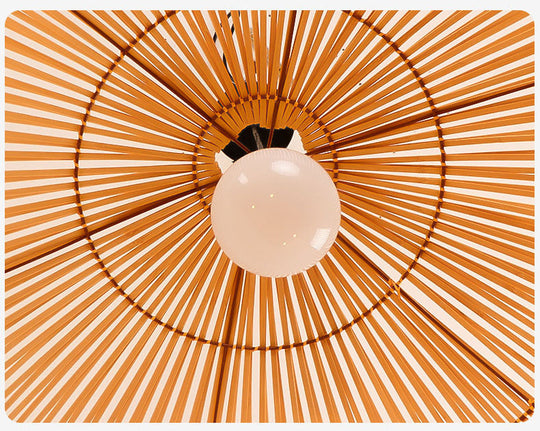 Asian Style Round Pendant Light: 1-Bulb Wood Suspension Fixture For Balcony