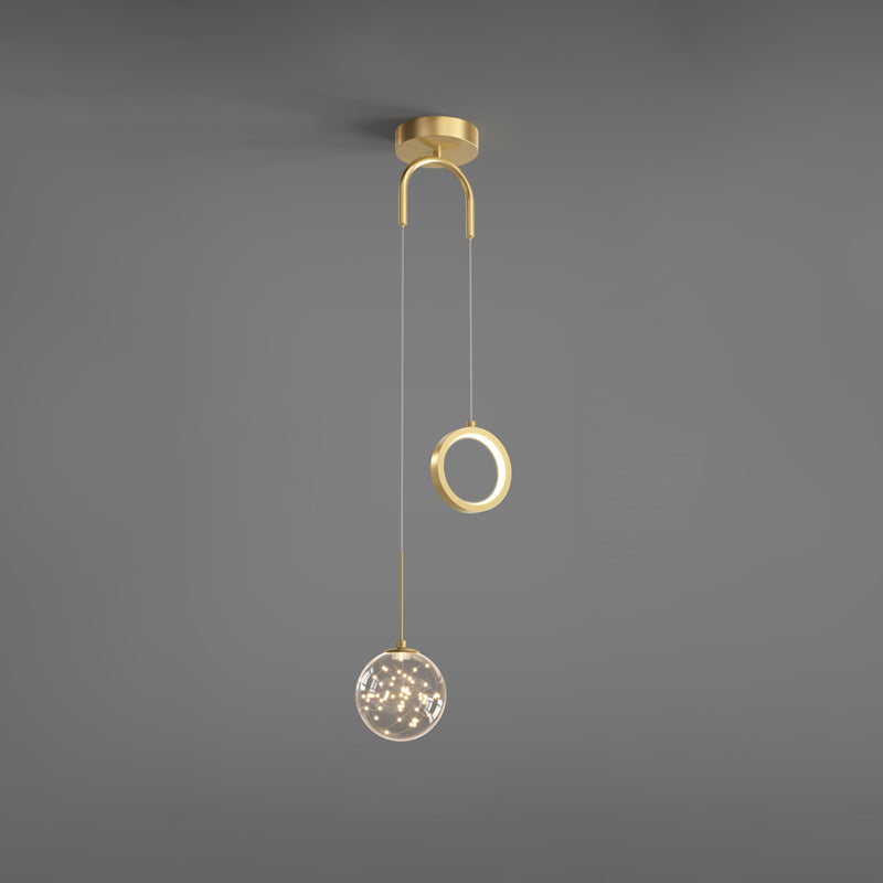 Minimalist Gold Glass Ball & Ring Led Pendant - 2-Light Starry Suspension Light For Bedroom / Remote