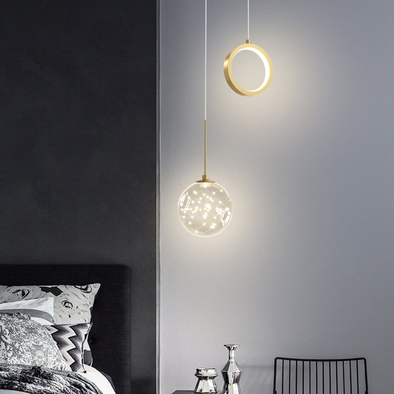 Minimalist Gold Glass Ball & Ring Led Pendant - 2-Light Starry Suspension Light For Bedroom
