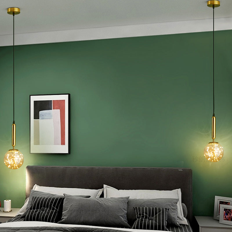 Amber Glass Ball Pendulum Light - Nordic Style Led Pendant With Starry String 1 Head