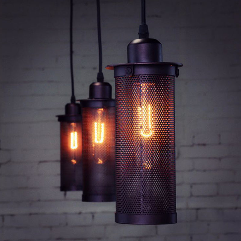 Industrial Metal Black Ceiling Hanging Lantern Pendant With Cylindrical Mesh Design - Perfect For