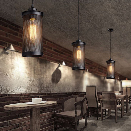 Industrial Metal Black Ceiling Hanging Lantern Pendant With Cylindrical Mesh Design - Perfect For