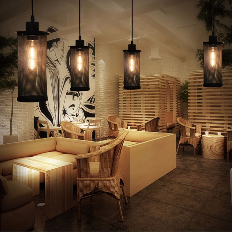 Industrial Metal Black Ceiling Hanging Lantern Pendant With Cylindrical Mesh Design - Perfect For