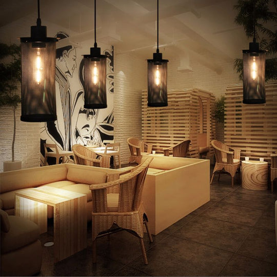 Industrial Metal Black Ceiling Hanging Lantern Pendant With Cylindrical Mesh Design - Perfect For