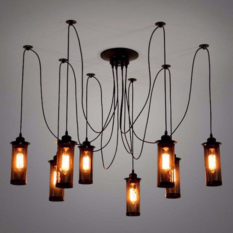 Industrial Metal Black Ceiling Hanging Lantern Pendant With Cylindrical Mesh Design - Perfect For