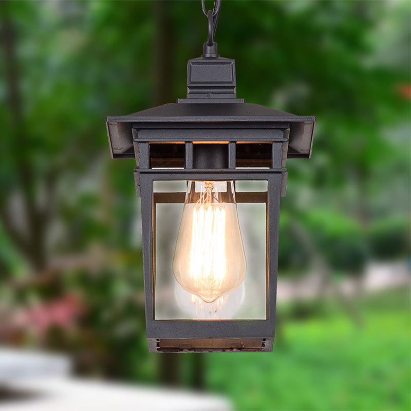 Industrial Lantern Hanging Pendant Lamp - Metal & Clear Glass 1 Light Outdoor Porch Lighting In