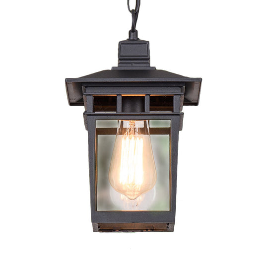 Industrial Lantern Hanging Pendant Lamp - Metal & Clear Glass 1 Light Outdoor Porch Lighting In