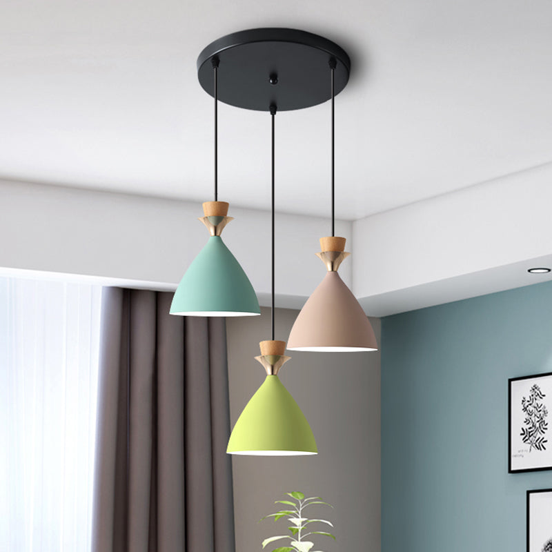 Macaroon 3-Light Cluster Pendant: Vibrant Green Pink And Yellow Cone Metal Shade Hanging Light With