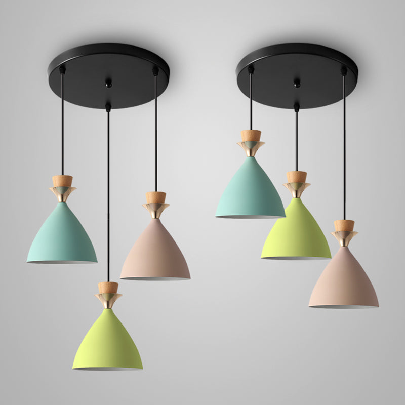 Macaroon 3-Light Cluster Pendant: Vibrant Green Pink And Yellow Cone Metal Shade Hanging Light With
