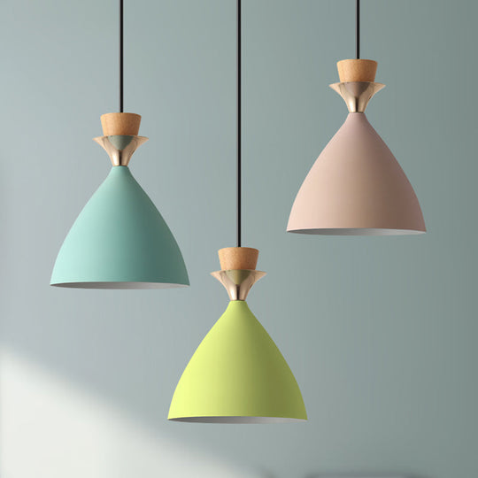Macaroon 3-Light Cluster Pendant: Vibrant Green Pink And Yellow Cone Metal Shade Hanging Light With