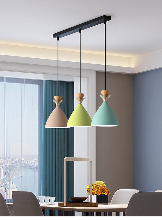 Macaroon 3-Light Cluster Pendant: Vibrant Green Pink And Yellow Cone Metal Shade Hanging Light With