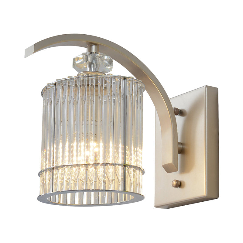 Modern Gold Wall Mounted Lamp With Clear Crystal Shade- 1 Head Cylindrical Design