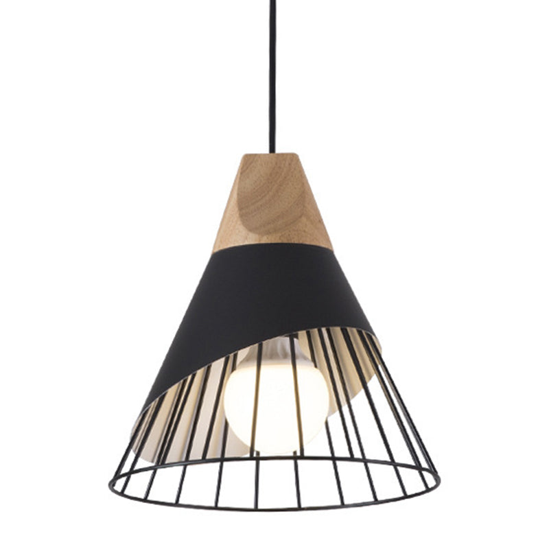 Nordic Solid Wood Macaroon Pendant Lamp With Iron Hollow Shade For Bedroom Black