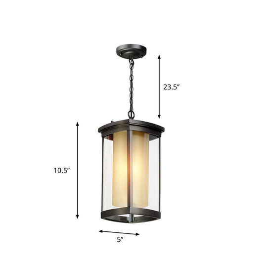 Black Outdoor Pendant Light With Double Glass Shade For Courtyard - 1 Various Widths