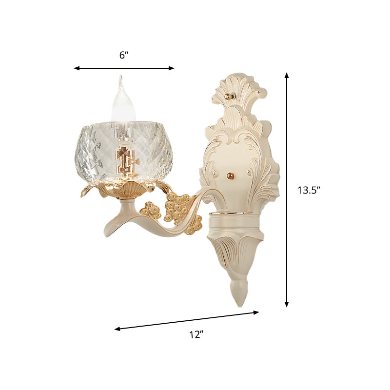 Vintage Carved Arm Wall Sconce With Clear Glass Lampshade - White