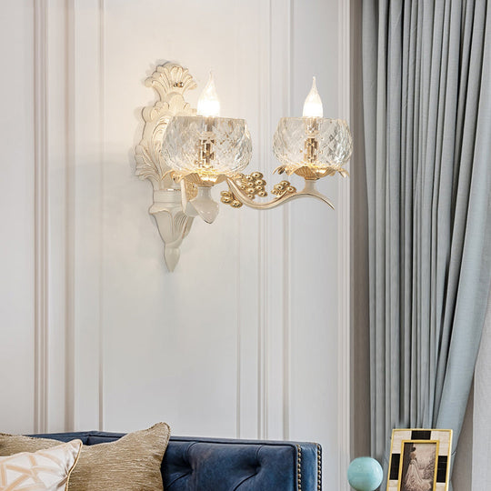 Vintage Carved Arm Wall Sconce With Clear Glass Lampshade - White