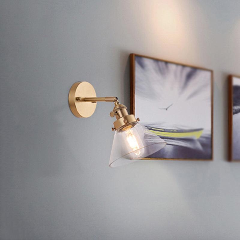 Vintage Retro Brass Wall Sconce With Clear Conical Glass Shade