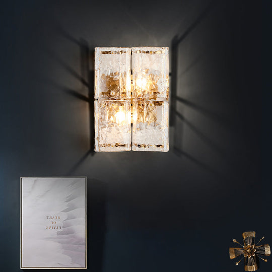Modern Gold Wall Sconce Light With Clear Water Glass Shade - 2 Lights For Bedroom