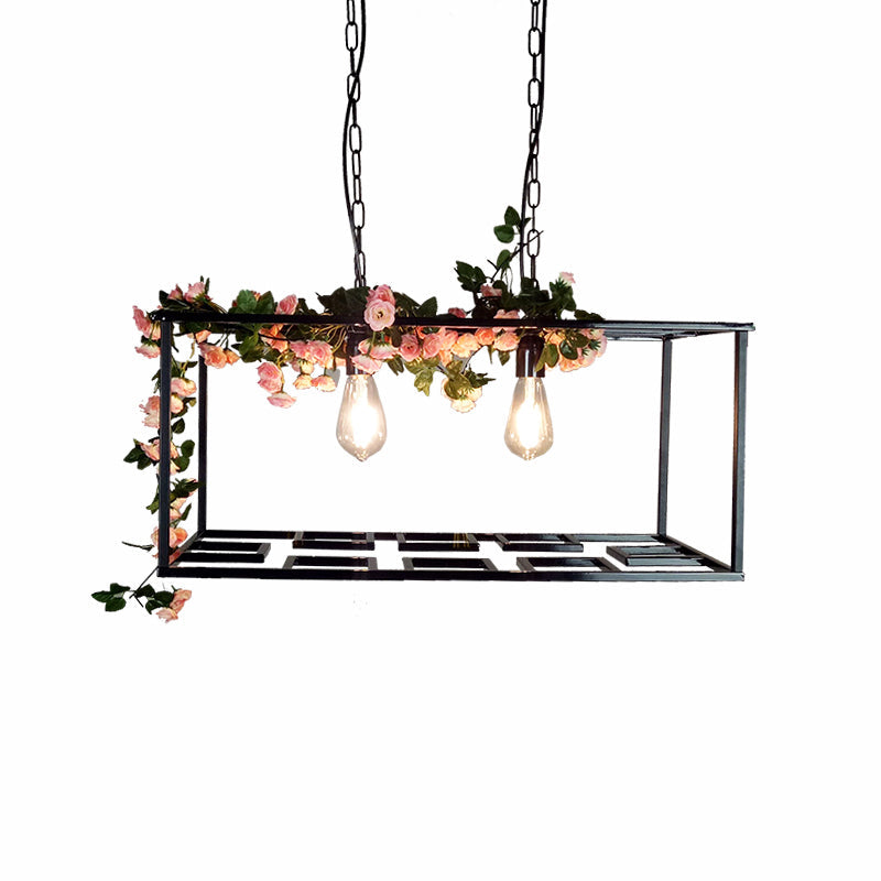 Vintage Metallic Rectangle Cage Hanging Lamp With Flower Decoration And 2 Bulbs - Black Ceiling