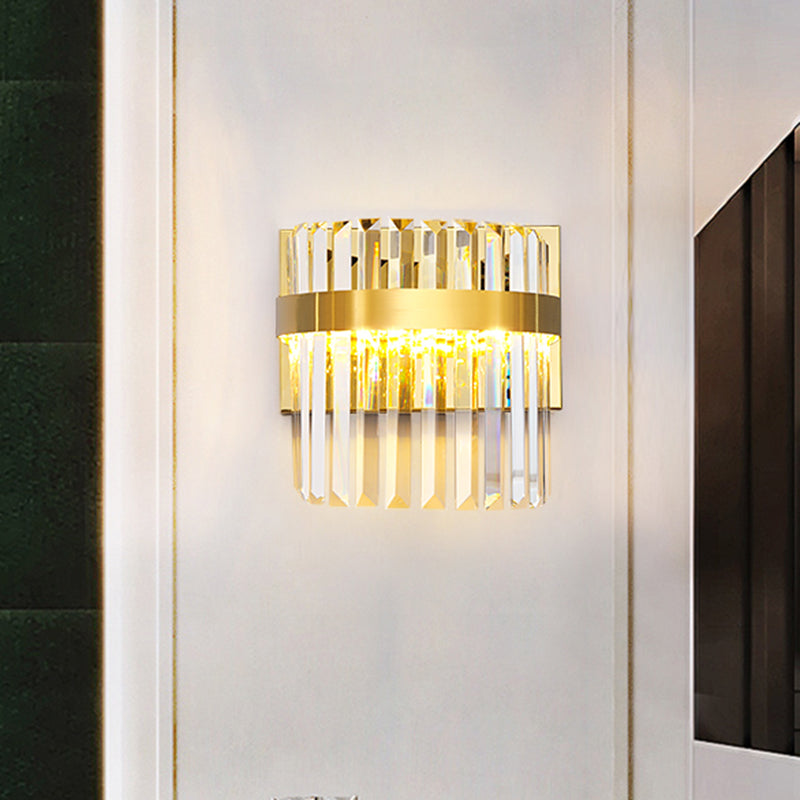 Contemporary Gold Demilune Wall Light - 2 Head Crystal Prism Sconce