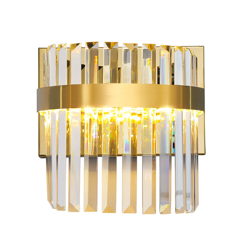 Contemporary Gold Demilune Wall Light - 2 Head Crystal Prism Sconce
