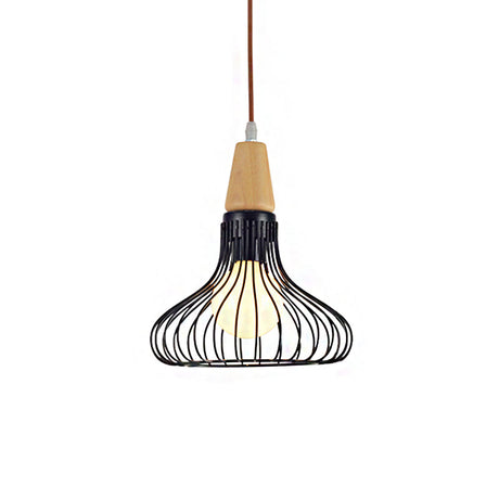 Vintage Metallic Cage Pendant Lamp With Black Finish And One Head For Ceiling Hanging -