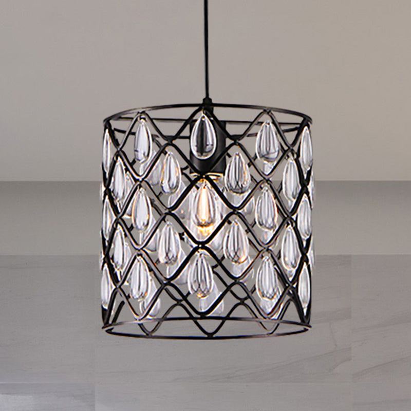 Industrial Black Metal Caged Pendant Lighting With Crystal Drop - Chandelier Lamp 1 /