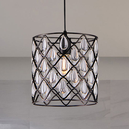 Industrial Black Metal Caged Pendant Lighting With Crystal Drop - Chandelier Lamp 1 /
