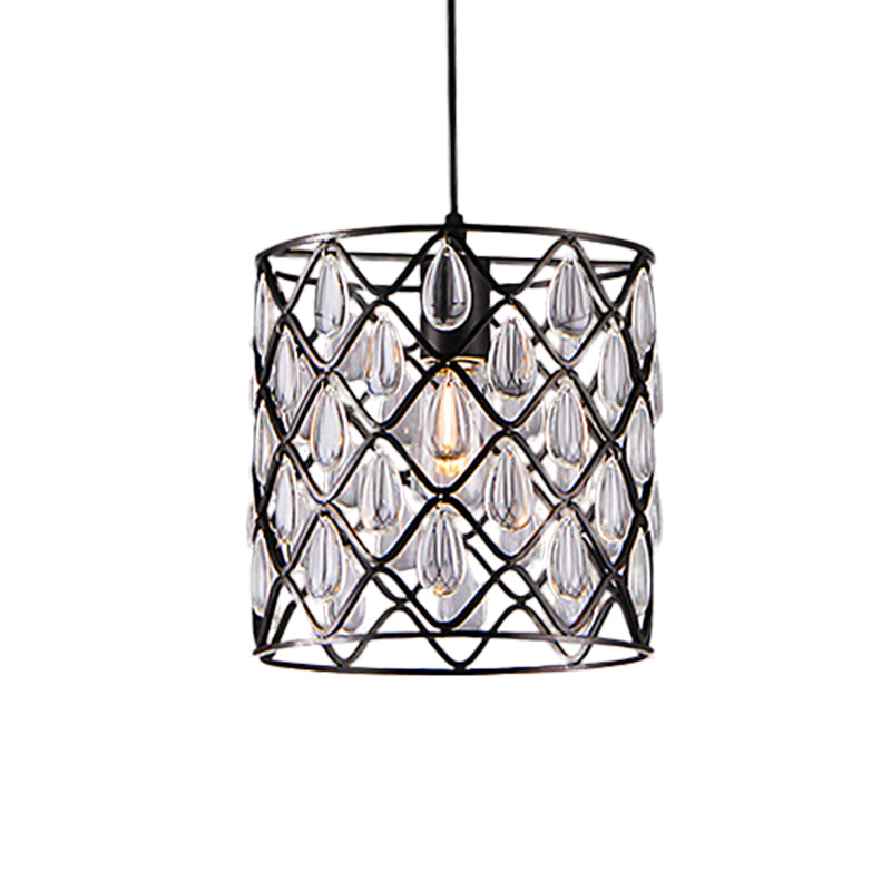Industrial Black Metal Caged Pendant Lighting With Crystal Drop - Chandelier Lamp