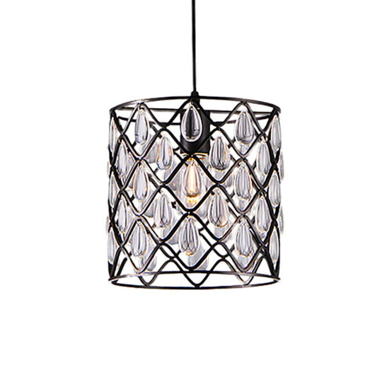 Industrial Black Metal Caged Pendant Lighting With Crystal Drop - Chandelier Lamp