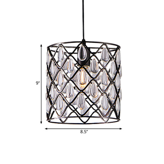 Industrial Black Metal Caged Pendant Lighting With Crystal Drop - Chandelier Lamp