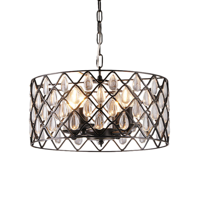 Industrial Black Metal Caged Pendant Lighting With Crystal Drop - Chandelier Lamp