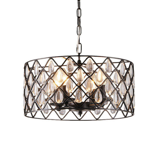 Industrial Black Metal Caged Pendant Lighting With Crystal Drop - Chandelier Lamp